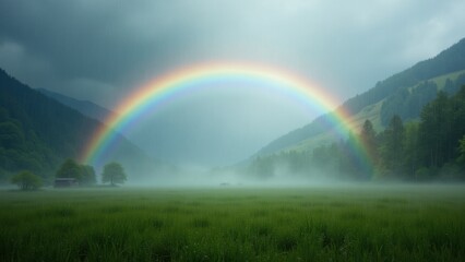 Naklejka premium Rainbow arching brightly over misty road leading to glowing sun on horizon, concept of st patricks day, hope inspiration, travel adventures