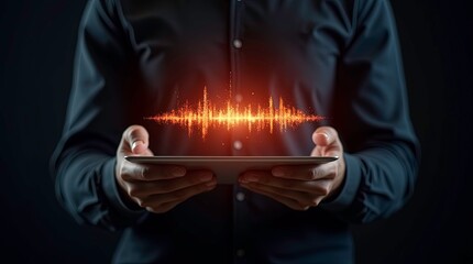 A person holding a digital tablet in both hands wearing a dark shirt, floating a glowing holographic soundwave or data waveform made of bright orange and red light particles above the tablet.