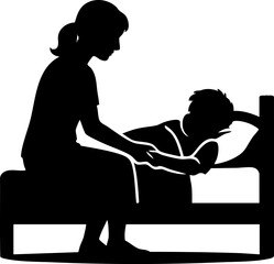 Silhouette of woman comforting child in bed during caring nurturing moment