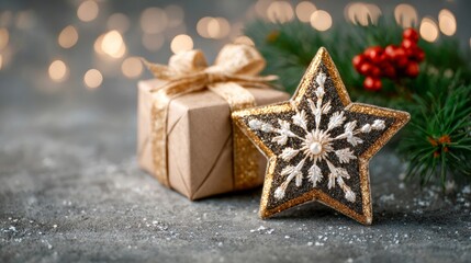 A festive shot of a wrapped gift, a glittery star ornament with a snowflake design, and evergreen branches with red berries against a bokeh light background