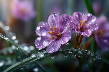 Closeup of two purple flowers with water droplets on petals and green blades
