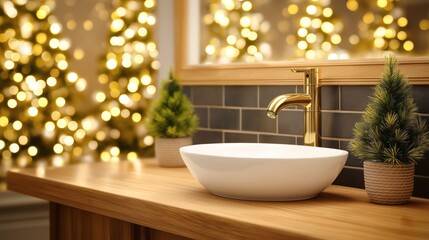 Fototapeta premium A warm bathroom scene featuring a white vessel sink, gold faucet, and two miniature evergreen plants on a wooden countertop, bathed in the soft bokeh of golden lights