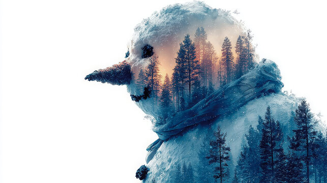Creative double-exposure of a snowman with a carrot nose, layered with a snowy pine forest under a sunset/sunrise sky. Perfect for modern holiday, winter celebration, art, and children's blogs/sites.