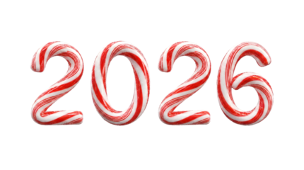 The year 2026 formed by festive candy canes featuring classic red and white stripes rendered in 3D for holiday greetings and New Year celebrations