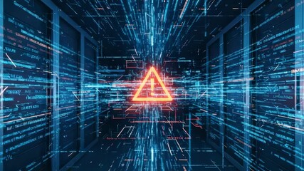 Red glowing warning symbol appearing in a futuristic data center server room corridor with light trails and code, indicating a critical error, system failure, or security breach - Powered by Adobe
