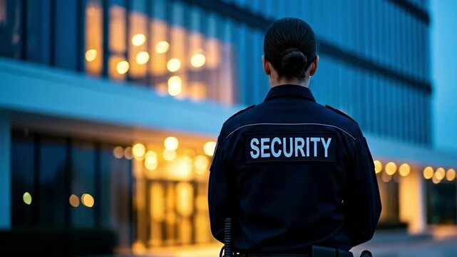 Security guard standing outside a modern building at dusk