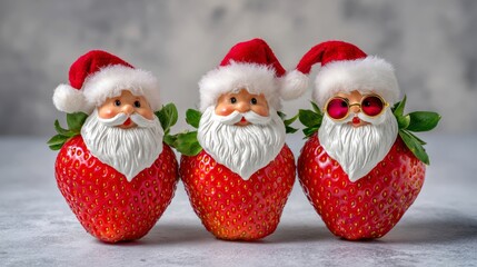 strawberry Santas, with red hats and white beards. One wears sunglasses, adding a playful twist to these festive fruity figures