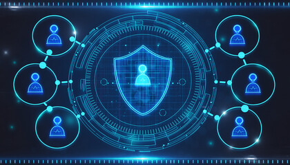 Digital Shield: A visual representation of digital security and network, a glowing shield protecting avatars representing user privacy within a interconnected network of data.