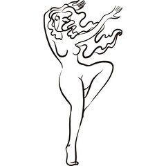 Dancing woman line art for prints and design projects, showing an elegant stylized pose