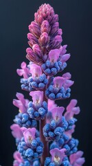Vertical floral spike, pink-lavender flowers w/ blue buds against a dark background