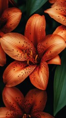 Vibrant orange tiger lily close-up with dark spots, surrounded by green leaves