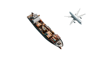 cargo container ship with stacked freight passing beneath flying airplane creating global transportation scene on white background