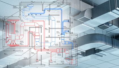 Ventilation design engineering maps airflow routes through HVAC ducts, planning supply and exhaust channels to optimize indoor climate and system efficiency. © Grispb