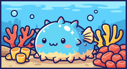 Obraz premium Adorable blue pufferfish with cute expression swimming underwater.