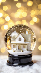 Fototapeta premium Christmas snow globe with cozy house and golden bokeh lights creates magical festive winter holiday atmosphere with sparkling snow