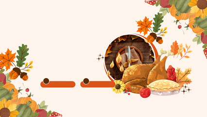 Thanksgiving turkey illustration with autumn leaves, pumpkins, bread, and harvest elements arranged as festive background for holiday design