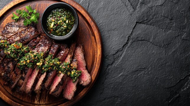Top down shot of Argentinian asado steak with chimichurri and copy space