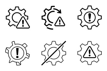 Set of six line art icons representing gears with warning signs, attention symbols, and error indicators for system alerts and configuration issues.