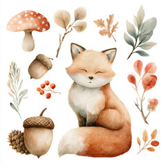 Fototapeta premium Watercolor clipart set featuring an adorable fox surrounded by mushrooms, acorns, leaves, and red berries.