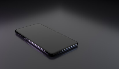 A high-angle, slanted photograph showcases a jet-black smartphone resting on a dark, reflective surface. The phone boasts a sleek, modern design with a seamless