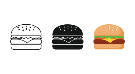 Hamburger icon vector set cheeseburger fast food outline filled color symbol flat graphic design