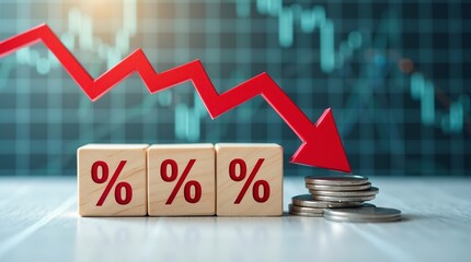 percentage blocks, coins, and a red downward arrow (signaling falling rates).