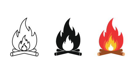 Campfire icon set in line style solid black silhouette and colorful flat design