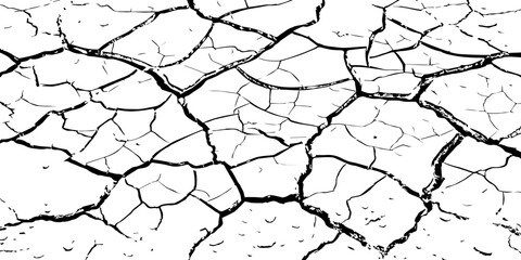 High-resolution cracked dry soil texture with intricate fracture patterns, natural organic lines, monochrome design ideal for backgrounds, geology themes, environmental concepts and compositions.