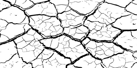High-resolution cracked dry soil texture with intricate fracture patterns, natural organic lines, monochrome design ideal for backgrounds, geology themes, environmental concepts and compositions.