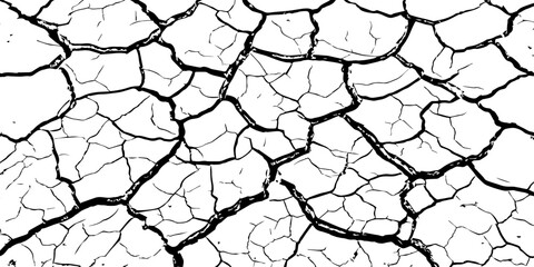 High-resolution cracked dry soil texture with intricate fracture patterns, natural organic lines, monochrome design ideal for backgrounds, geology themes, environmental concepts and compositions.