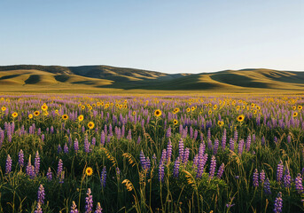 Fototapeta premium Vast Rolling Hills Covered in a Vibrant Tapestry of Blooming Wildflowers Under a Clear Blue Sky, Bathed in the Warm Golden Light of a Setting Sun