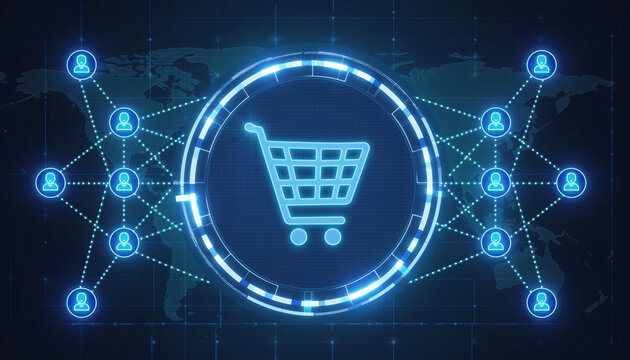E-commerce at Center: A digital network visualized, a glowing shopping cart representing online retail against a backdrop of global interconnectedness, with interconnected user icons. - Powered by Adobe