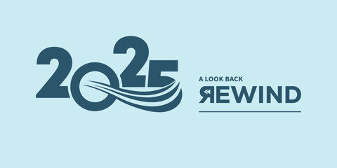 Minimal “2025 A Look Back Rewind” typography logo on light blue background, ideal for year in review video intro, recap presentation, social media highlights, podcast cover. © bibin