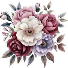 Watercolor floral bouquet, pink, purple and white flowers, generative AI