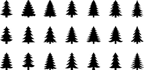 A high-contrast set of bold outlined Christmas tree icons ideal for stickers, signage, digital apps, labels, and festive designs requiring clear, strong monochrome visuals.