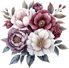 Watercolor floral bouquet, pink, purple and white flowers, generative AI