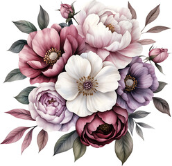 Watercolor floral bouquet, pink, purple and white flowers, generative AI