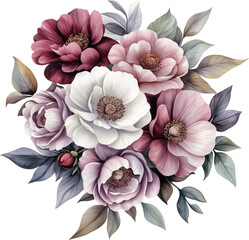 Watercolor floral bouquet, pink, purple and white flowers, generative AI