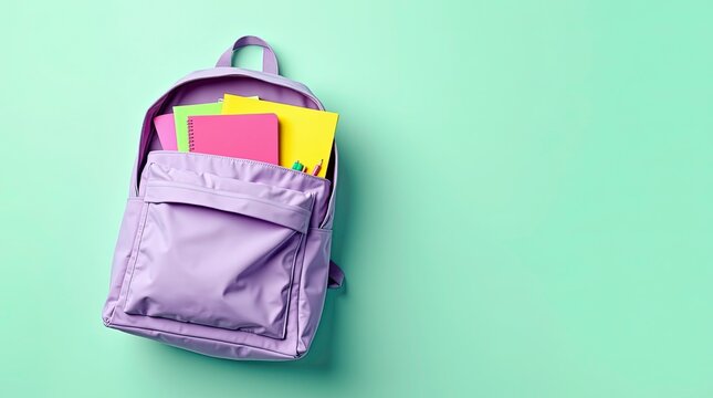 A neatly arranged open lavender purple backpack, filled with colorful school supplies. Inside the backpack are neatly stacked notebooks along with sharpened colored pencils organized.