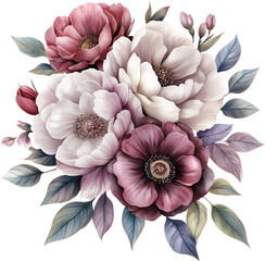 Watercolor floral bouquet, pink, purple and white flowers, generative AI