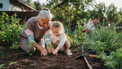 Grandmother and granddaughter planting together in a garden.