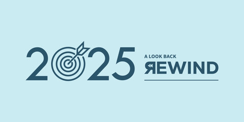 Minimal “2025 A Look Back Rewind” typography logo on light blue background, ideal for year in review video intro, recap presentation, social media highlights, podcast cover.