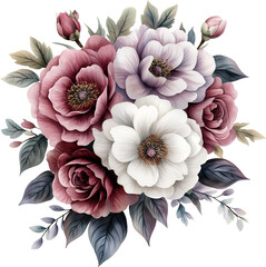 Watercolor floral bouquet, pink, purple and white flowers, generative AI