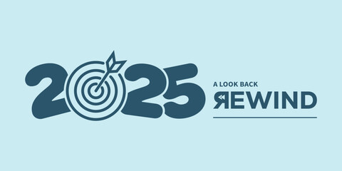 Minimal “2025 A Look Back Rewind” typography logo on light blue background, ideal for year in review video intro, recap presentation, social media highlights, podcast cover. © bibin