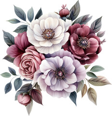 Watercolor floral bouquet, pink, purple and white flowers, generative AI