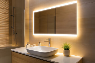 A sleek frameless mirror with soft LED lights casts a warm glow in a minimalist bathroom. Reflecting a modern vanity, it enhances space and luxury with elegant fixtures and ambient illumination.