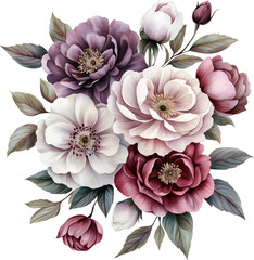 Watercolor floral bouquet, pink, purple and white flowers, generative AI