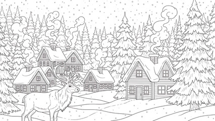 Naklejka premium Detailed Line Drawing of Houses, Evergreen Trees, and Snowfall