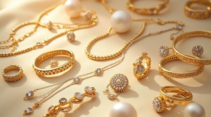 Elegant display of light gold jewelry arranged on a soft beige background under natural light.