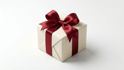 Obraz premium Luxurious gift box, elegantly wrapped in subtle paper, adorned with a vibrant dark red satin ribbon and a perfectly tied bow, symbolizing joy and thoughtful celebration